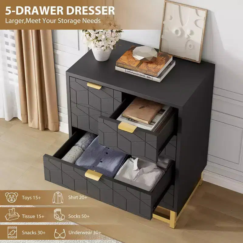 Comodino Moderno con Cassetti, Organizer per Armadio con Gambe in Metallo, Ampio Spazio e 5 Cassetti per Camera da Letto, Soggiorno, Corridoio