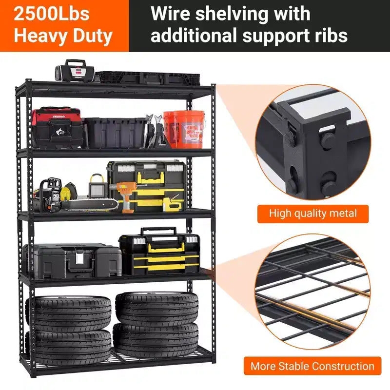 Scaffalatura da Garage a 5 Ripiani, Scaffali Metallici Regolabili da 2500 Libbre, Scaffalatura Resistente per Garage, Scaffale Industriale per Uso Generale