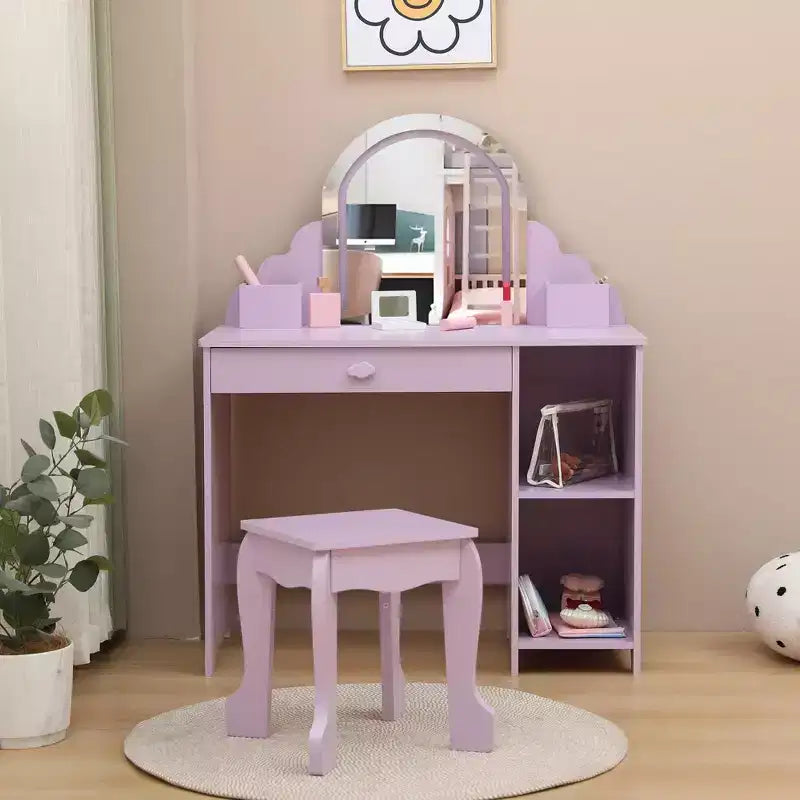 GustoWave Toilette per Bambini con Specchio e Sgabello, Libreria, Cassetto e Ripiani, per Bambine 3-9 Anni, Viola