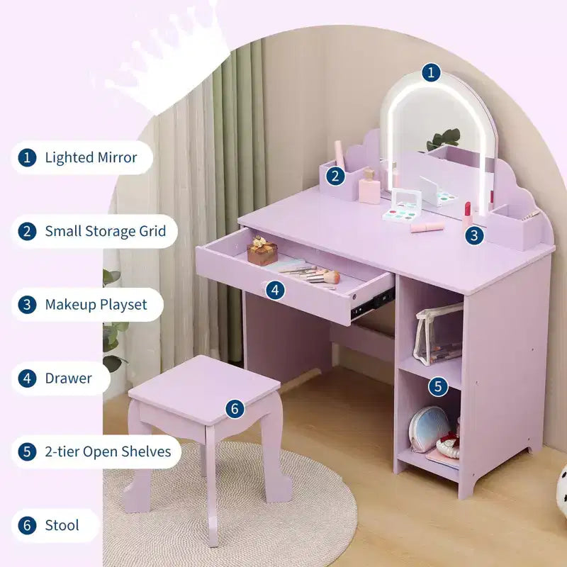 GustoWave Toilette per Bambini con Specchio e Sgabello, Libreria, Cassetto e Ripiani, per Bambine 3-9 Anni, Viola