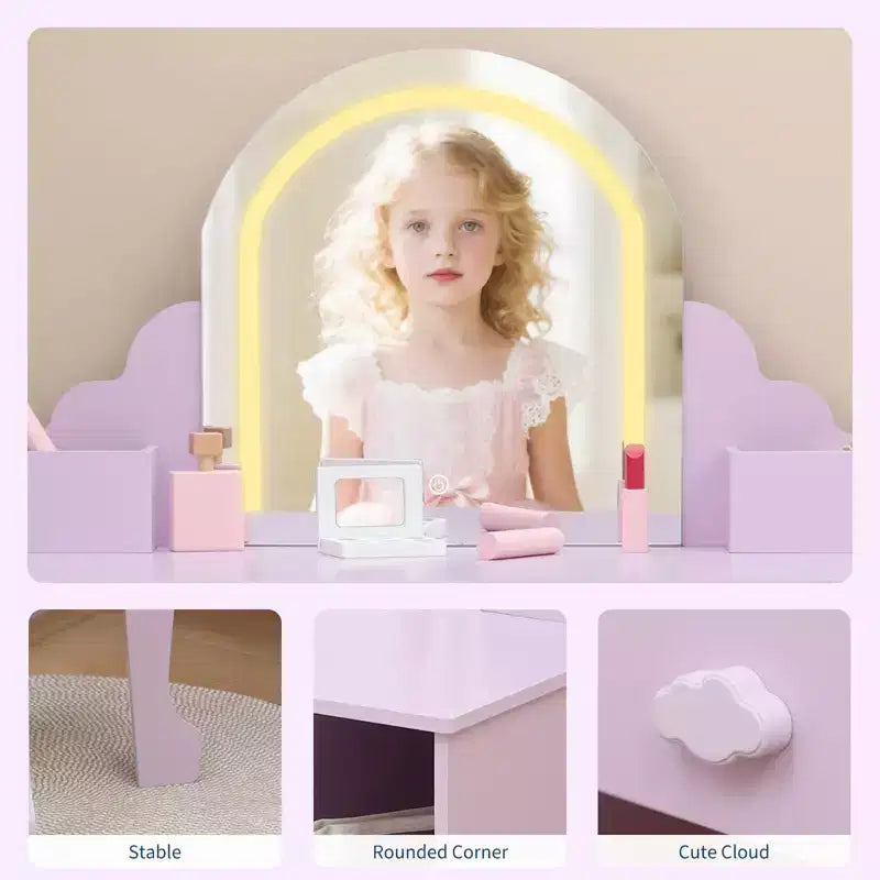 GustoWave Toilette per Bambini con Specchio e Sgabello, Libreria, Cassetto e Ripiani, per Bambine 3-9 Anni, Viola