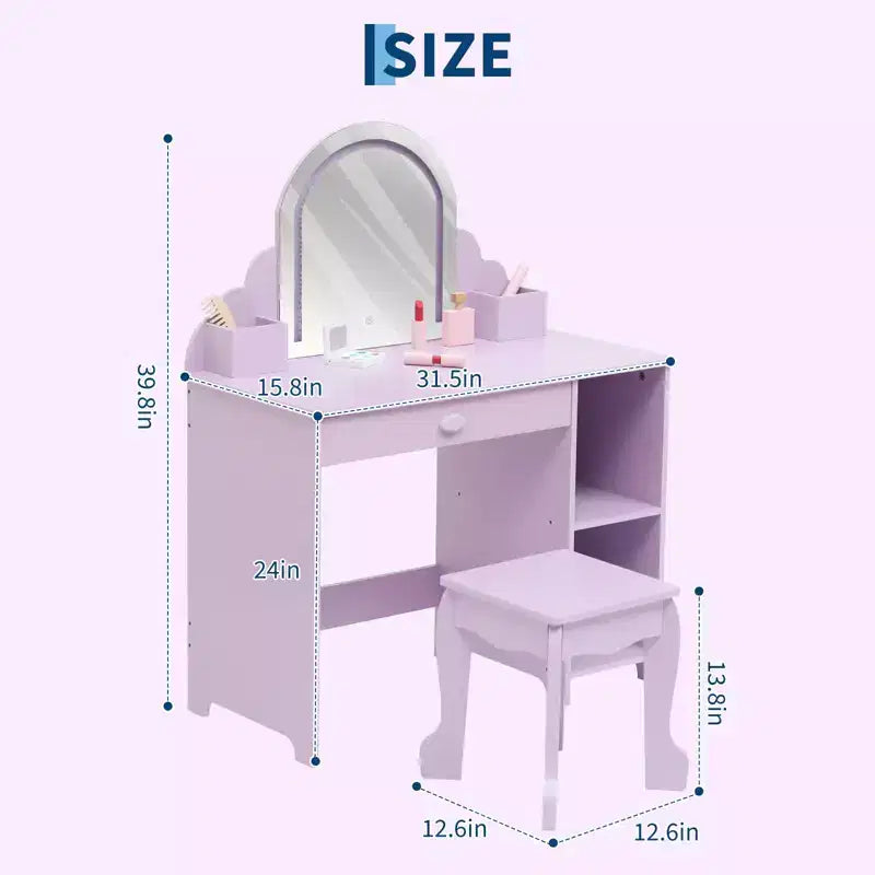 GustoWave Toilette per Bambini con Specchio e Sgabello, Libreria, Cassetto e Ripiani, per Bambine 3-9 Anni, Viola