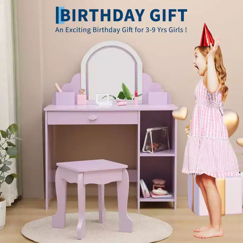 GustoWave Toilette per Bambini con Specchio e Sgabello, Libreria, Cassetto e Ripiani, per Bambine 3-9 Anni, Viola