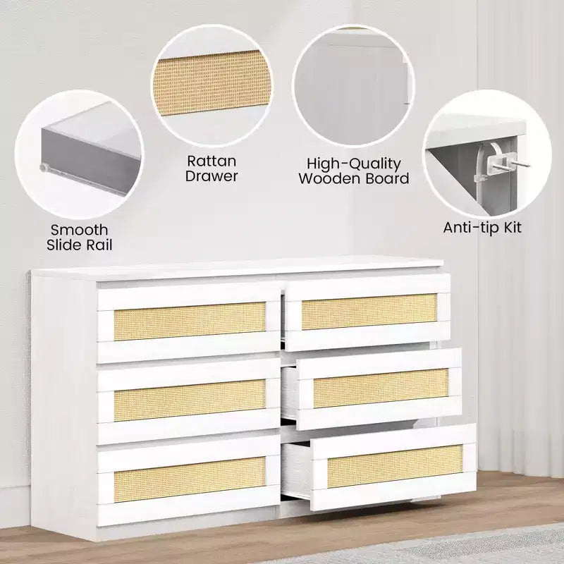 Comò a doppia cassettiera a 6 cassetti per camera da letto, cassettiera ampia e comò in stile Boho, organizer in legno per armadio, soggiorno, ingresso
