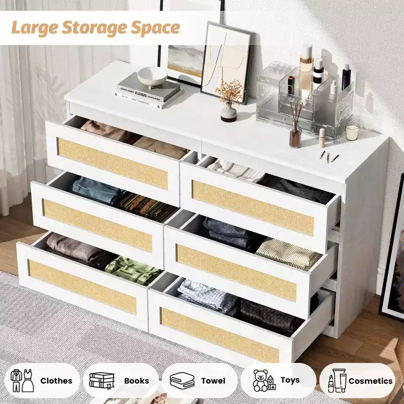 Comò a doppia cassettiera a 6 cassetti per camera da letto, cassettiera ampia e comò in stile Boho, organizer in legno per armadio, soggiorno, ingresso