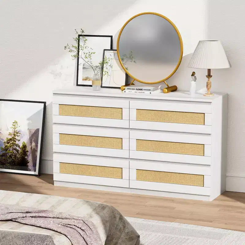 Comò a doppia cassettiera a 6 cassetti per camera da letto, cassettiera ampia e comò in stile Boho, organizer in legno per armadio, soggiorno, ingresso