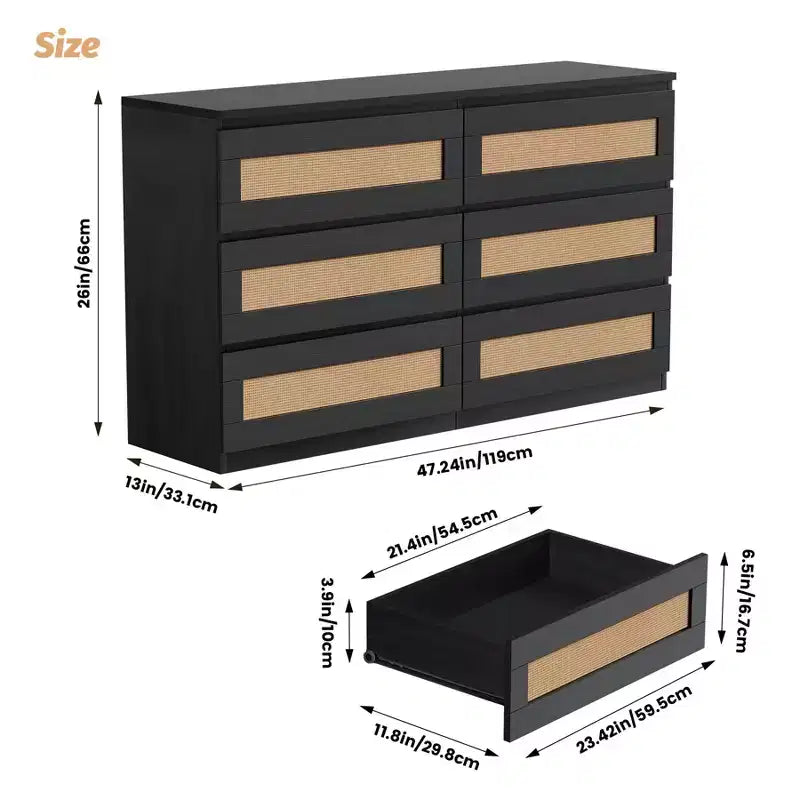 Comò a doppia cassettiera a 6 cassetti per camera da letto, cassettiera ampia e comò in stile Boho, organizer in legno per armadio, soggiorno, ingresso