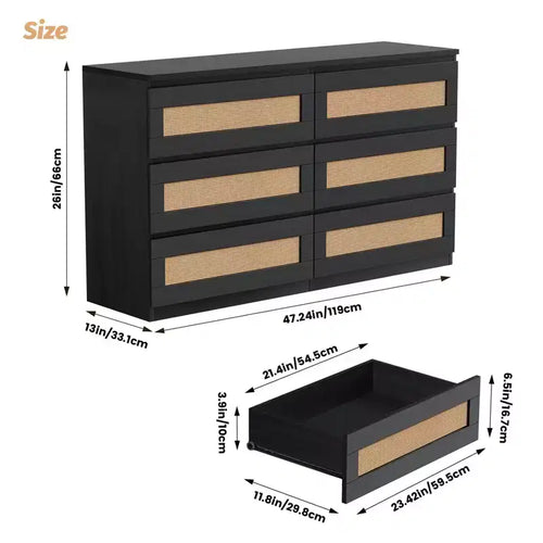 Comò a doppia cassettiera a 6 cassetti per camera da letto, cassettiera ampia e comò in stile Boho, organizer in legno per armadio, soggiorno, ingresso