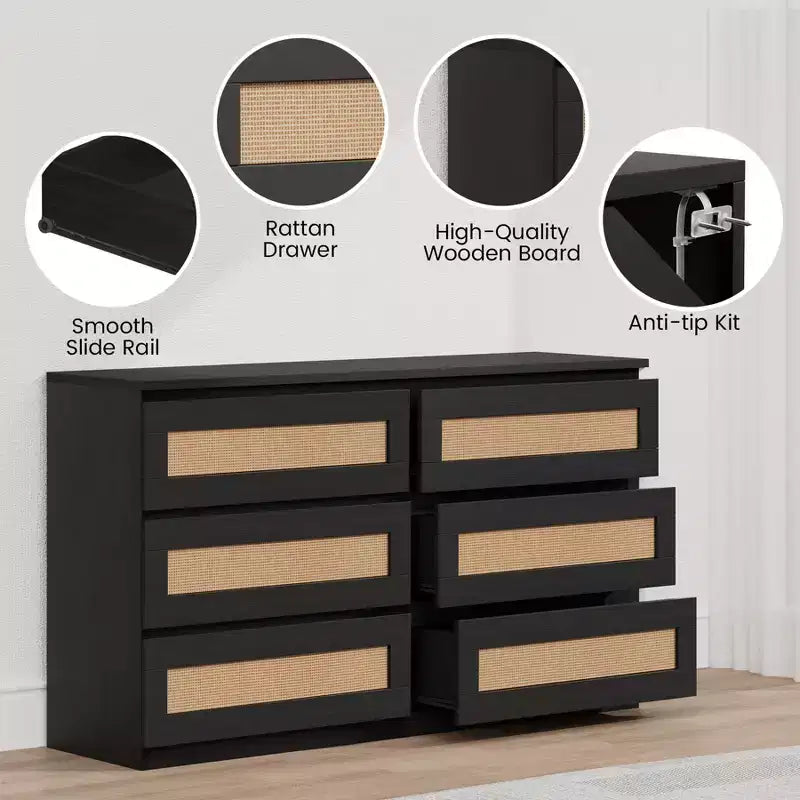 Comò a doppia cassettiera a 6 cassetti per camera da letto, cassettiera ampia e comò in stile Boho, organizer in legno per armadio, soggiorno, ingresso