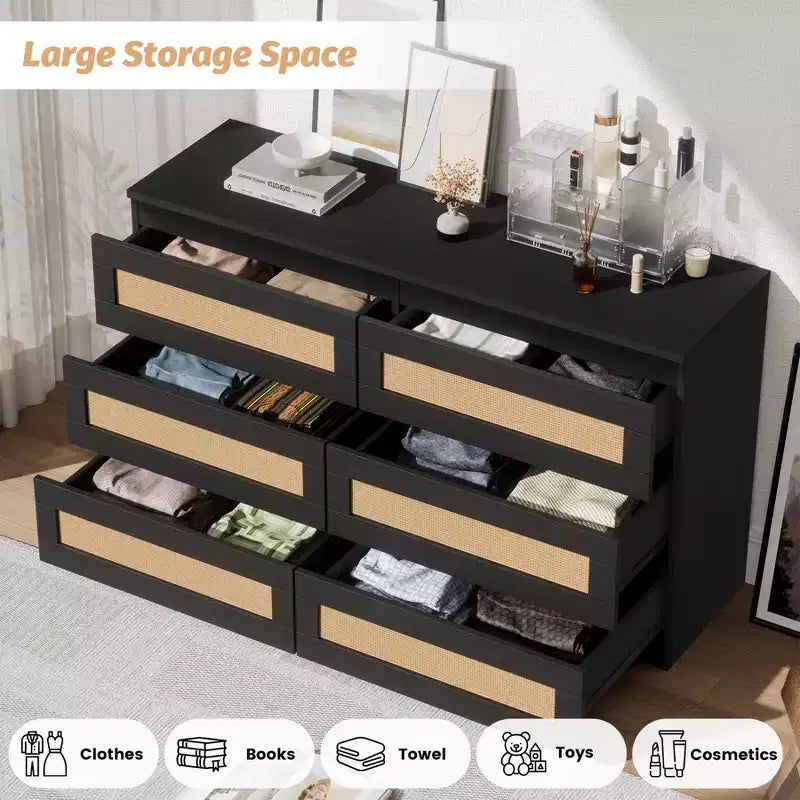 Comò a doppia cassettiera a 6 cassetti per camera da letto, cassettiera ampia e comò in stile Boho, organizer in legno per armadio, soggiorno, ingresso