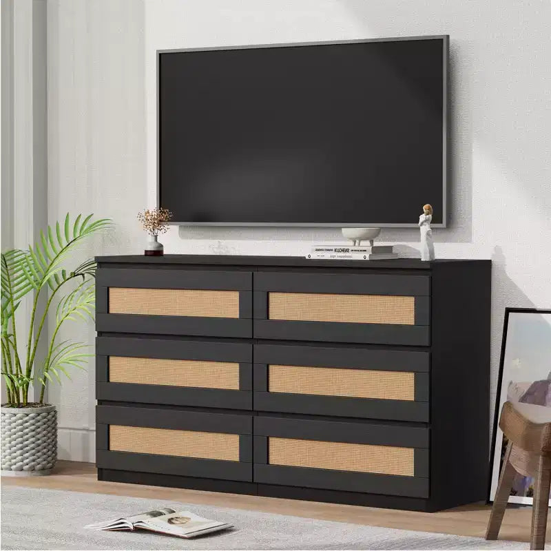 Comò a doppia cassettiera a 6 cassetti per camera da letto, cassettiera ampia e comò in stile Boho, organizer in legno per armadio, soggiorno, ingresso