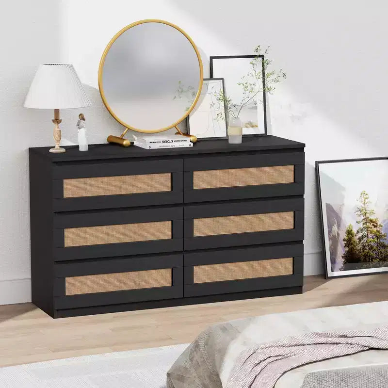 Comò a doppia cassettiera a 6 cassetti per camera da letto, cassettiera ampia e comò in stile Boho, organizer in legno per armadio, soggiorno, ingresso