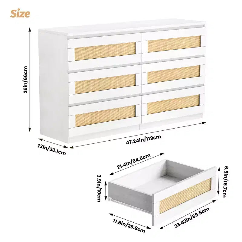 Comò a doppia cassettiera a 6 cassetti per camera da letto, cassettiera ampia e comò in stile Boho, organizer in legno per armadio, soggiorno, ingresso