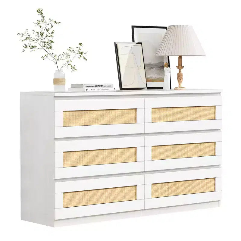 Comò a doppia cassettiera a 6 cassetti per camera da letto, cassettiera ampia e comò in stile Boho, organizer in legno per armadio, soggiorno, ingresso