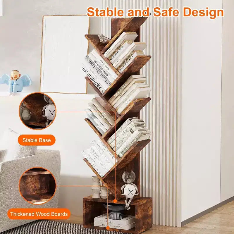 Acekool Libreria vintage a forma di albero, libreria alta a 8 ripiani con cassetto, scaffale salvaspazio per soggiorno, ufficio, studio, 15 x 8 x 52 pollici