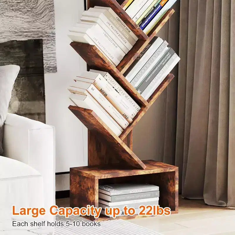 Acekool Libreria vintage a forma di albero, libreria alta a 8 ripiani con cassetto, scaffale salvaspazio per soggiorno, ufficio, studio, 15 x 8 x 52 pollici