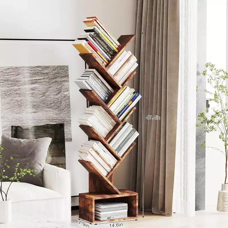 Acekool Libreria vintage a forma di albero, libreria alta a 8 ripiani con cassetto, scaffale salvaspazio per soggiorno, ufficio, studio, 15 x 8 x 52 pollici