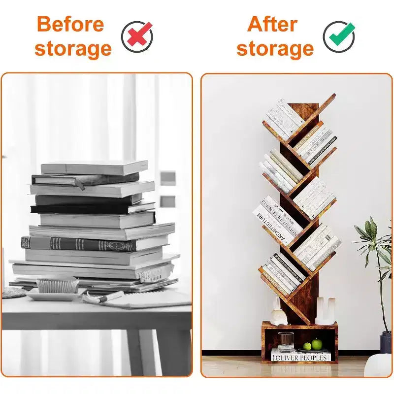 Acekool Libreria vintage a forma di albero, libreria alta a 8 ripiani con cassetto, scaffale salvaspazio per soggiorno, ufficio, studio, 15 x 8 x 52 pollici