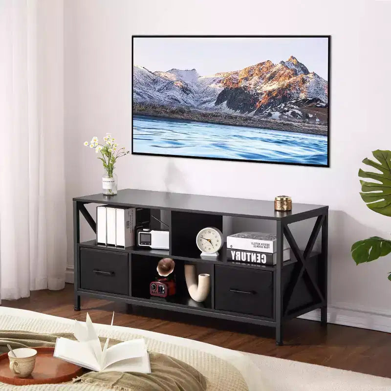 Mobile porta TV, Centro Intrattenimento - per TV fino a 50 pollici, Consolle TV con 2 cassetti in tessuto e ripiani aperti, Mobiletto moderno (Nero)