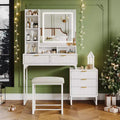Make Up Vanity Set, Modern Make Up Table with Lighted Mirror, Side Storage Cabinet, White Vanity Desk and Stool