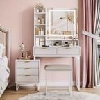 Set da trucco, toeletta moderna con specchio illuminato, mobiletto laterale e sgabello, bianco