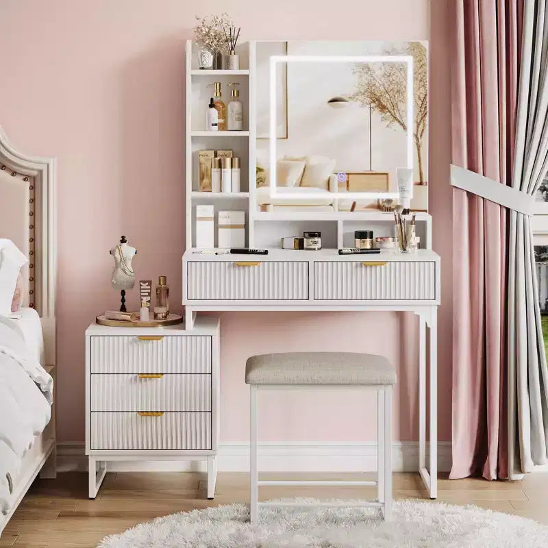 Set da trucco, toeletta moderna con specchio illuminato, mobiletto laterale e sgabello, bianco