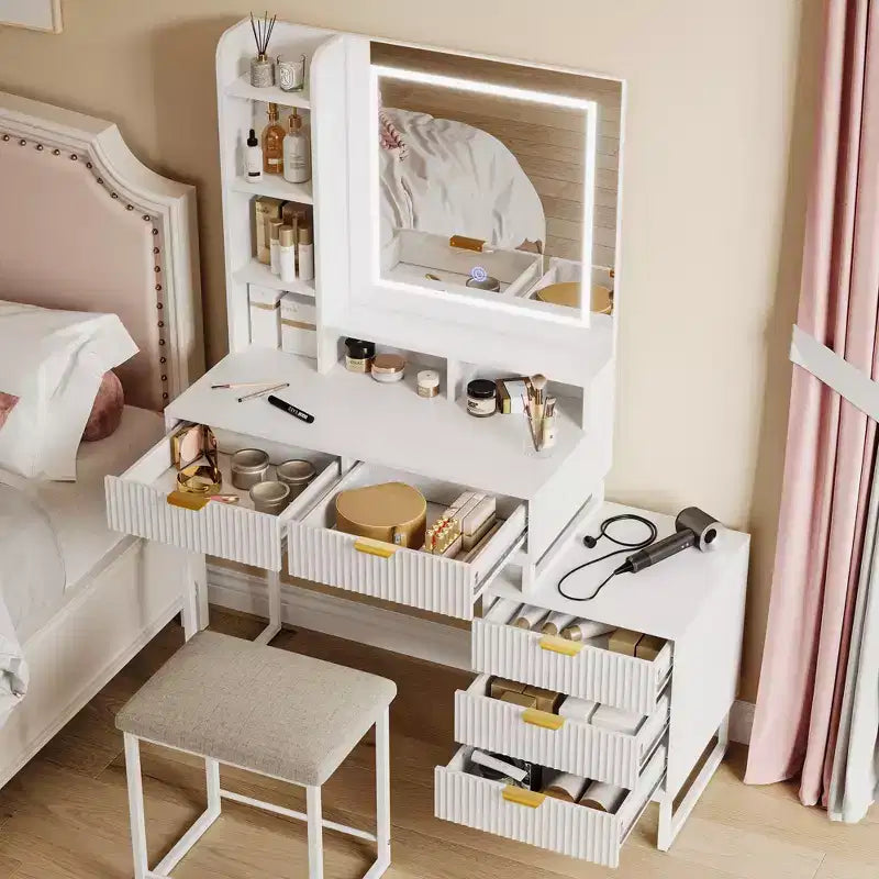 Set da trucco, toeletta moderna con specchio illuminato, mobiletto laterale e sgabello, bianco