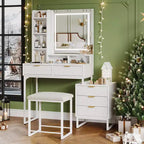 Set da trucco, toeletta moderna con specchio illuminato, mobiletto laterale e sgabello, bianco