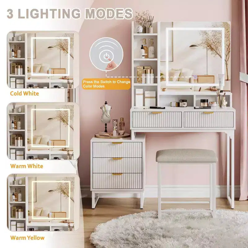 Set da trucco, toeletta moderna con specchio illuminato, mobiletto laterale e sgabello, bianco