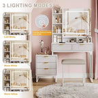 Set da trucco, toeletta moderna con specchio illuminato, mobiletto laterale e sgabello, bianco