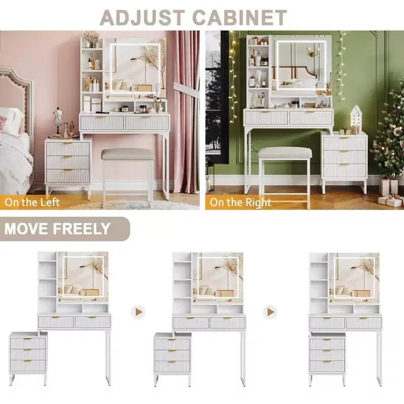 Set da trucco, toeletta moderna con specchio illuminato, mobiletto laterale e sgabello, bianco