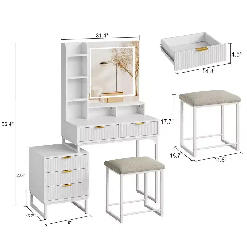 Set da trucco, toeletta moderna con specchio illuminato, mobiletto laterale e sgabello, bianco