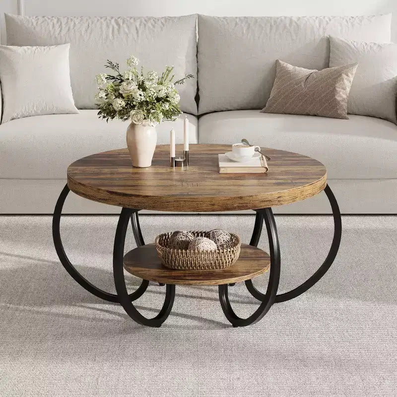 Garvee Round Coffee Table 30 Center Table, 2-Tier Coffee Table Industrial with Adjustable Feet and Designed Wood Grain, Easy Assemble