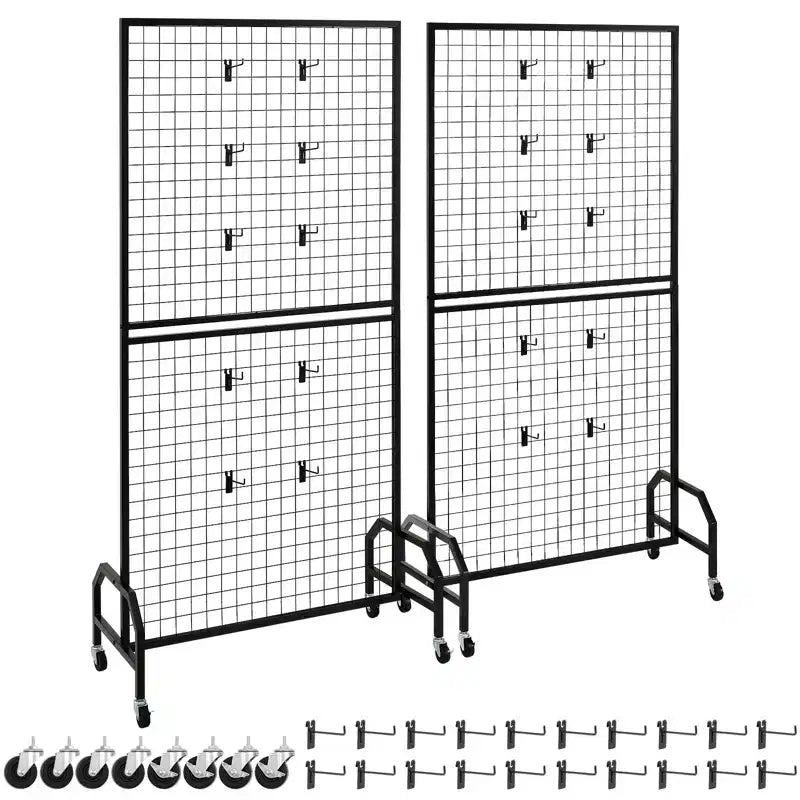 VEVOR 2 Packs Grid Wall Panels, 2.9 x 5.9 ft Wire Grid Panels Display Rack, Movable Art Display Shelf with Wheels and 10 Hooks, Black