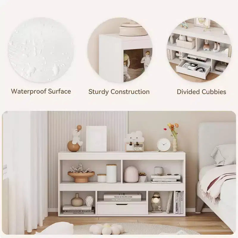 COZONY 47 Organizer per giocattoli con cassetto, libreria per bambini in legno e libreria a 5 cubi, contenitore per giocattoli per sala giochi, asilo nido, camera dei bambini, aula