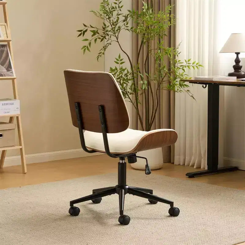 VINGLI Sedia da Ufficio Senza Braccioli con Sedile e Schienale Curvi Larghi, Sedia da Scrivania Ergonomica Regolabile in Altezza, Elegante Sedia da Lavoro in Noce, PU