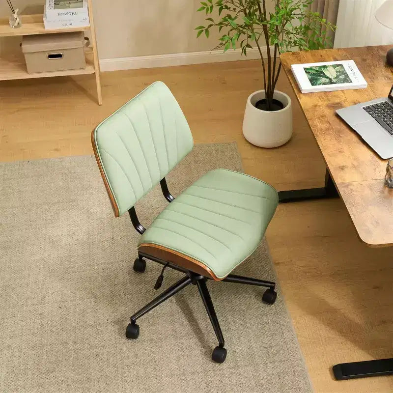 VINGLI Sedia da Ufficio Senza Braccioli con Sedile e Schienale Curvi Larghi, Sedia da Scrivania Ergonomica Regolabile in Altezza, Elegante Sedia da Lavoro in Noce, PU