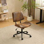 VINGLI Sedia da Ufficio Senza Braccioli con Sedile e Schienale Curvi Larghi, Sedia da Scrivania Ergonomica Regolabile in Altezza, Elegante Sedia da Lavoro in Noce, PU