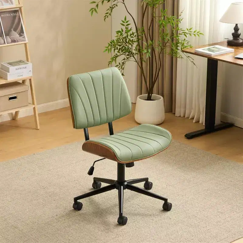 VINGLI Sedia da Ufficio Senza Braccioli con Sedile e Schienale Curvi Larghi, Sedia da Scrivania Ergonomica Regolabile in Altezza, Elegante Sedia da Lavoro in Noce, PU
