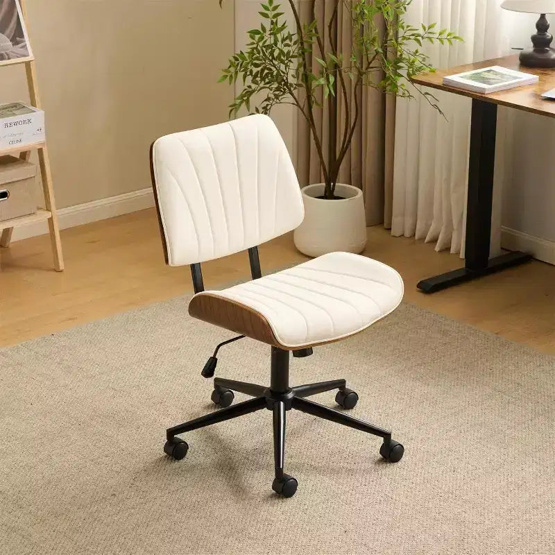 VINGLI Sedia da Ufficio Senza Braccioli con Sedile e Schienale Curvi Larghi, Sedia da Scrivania Ergonomica Regolabile in Altezza, Elegante Sedia da Lavoro in Noce, PU