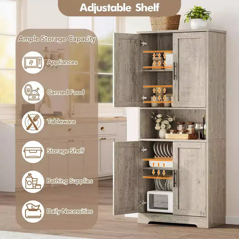 Coolmee Mobile Dispensa da Cucina Alto 178 cm, Armadio Contenitore Indipendente con 4 Ante e Ripiani Regolabili, Credenza Utilità
