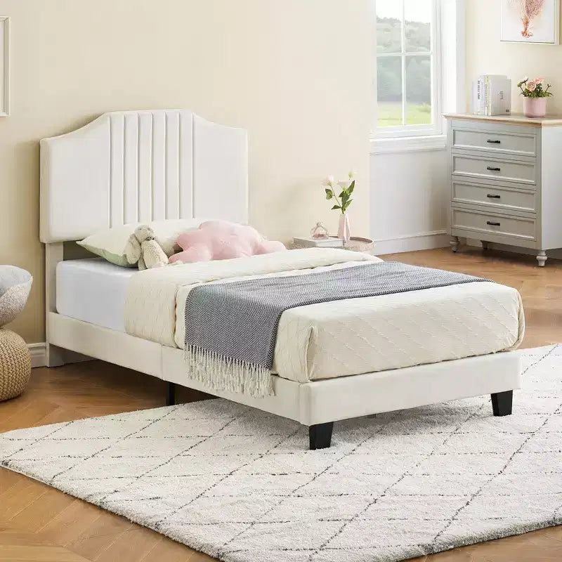 Twin Size Velvet Upholstered Bed Frame with Headboard - Sturdy Metal Platform & Wooden Slats, No Box Spring Needed
