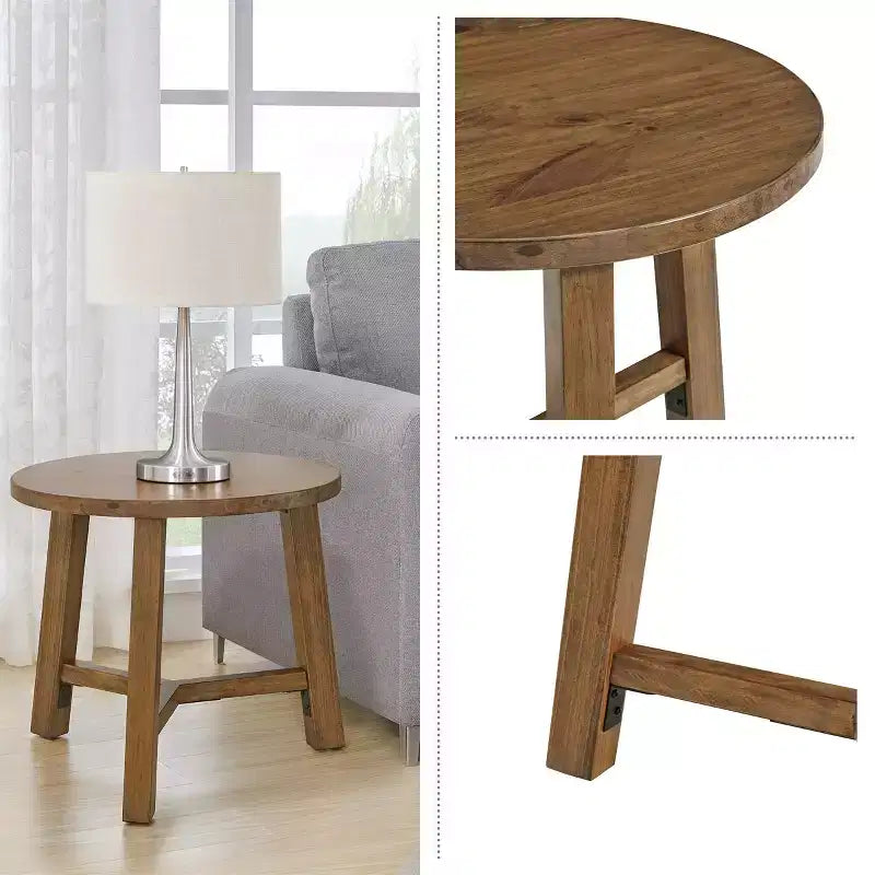 Alaterre Furniture Newbury Collection comodino o tavolino rotondo da 20 pollici, tavolino d'appoggio in legno massello stile rustico, finitura Pecan