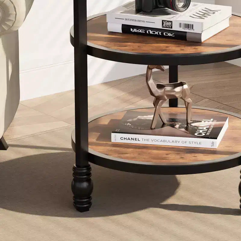 COZONY Tavolino rotondo a 3 livelli con ripiano portaoggetti - Tavolino da caffè industriale marrone rustico per soggiorno e camera da letto