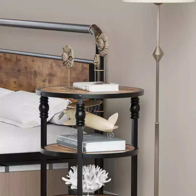 COZONY Tavolino rotondo a 3 livelli con ripiano portaoggetti - Tavolino da caffè industriale marrone rustico per soggiorno e camera da letto