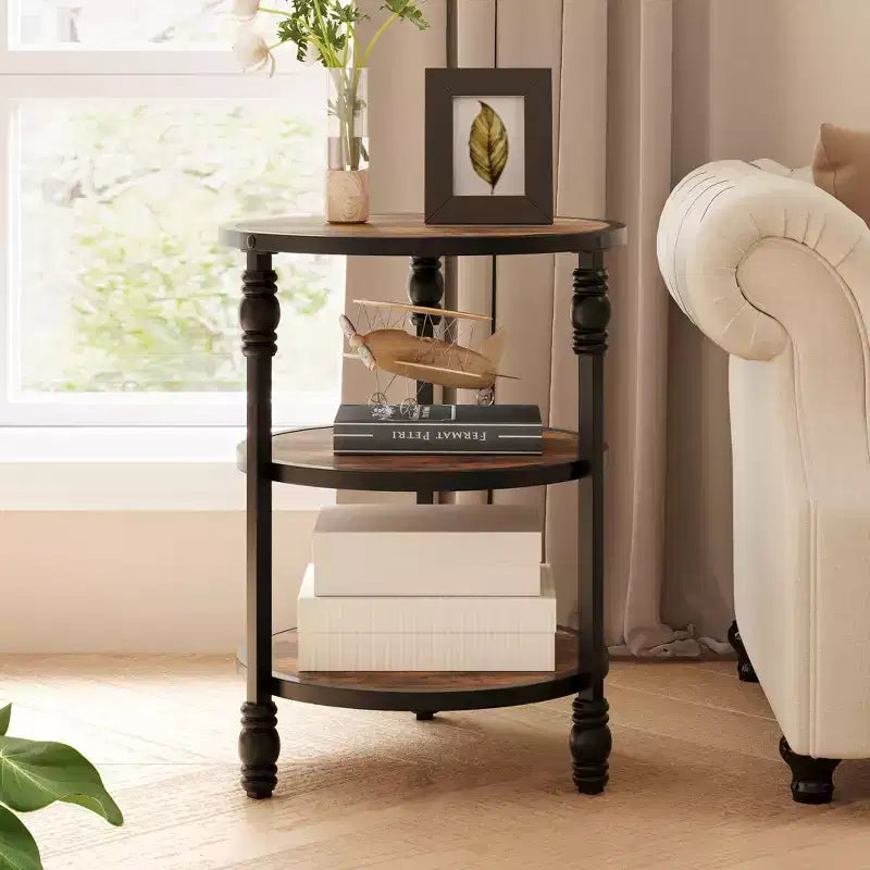 COZONY Tavolino rotondo a 3 livelli con ripiano portaoggetti - Tavolino da caffè industriale marrone rustico per soggiorno e camera da letto