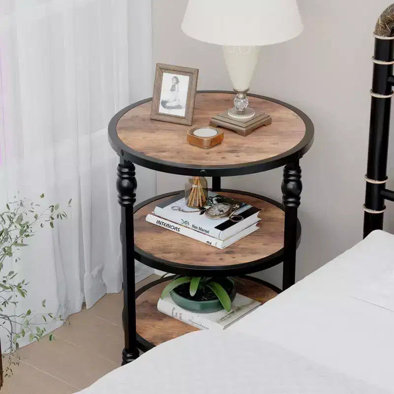 COZONY Tavolino rotondo a 3 livelli con ripiano portaoggetti - Tavolino da caffè industriale marrone rustico per soggiorno e camera da letto