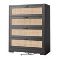 COZONY 4 Drawer Dresser for Bedroom, Rattan Tall Chest with Power Outlets, Modern Wood Drawer Organizer with Metal Handles for Living Room, Closet