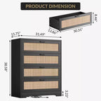 COZONY Cassettiera a 4 cassetti per camera da letto, Comò alto in rattan con prese di corrente, Organizzatore per cassetti moderno in legno con maniglie in metallo per soggiorno, armadio