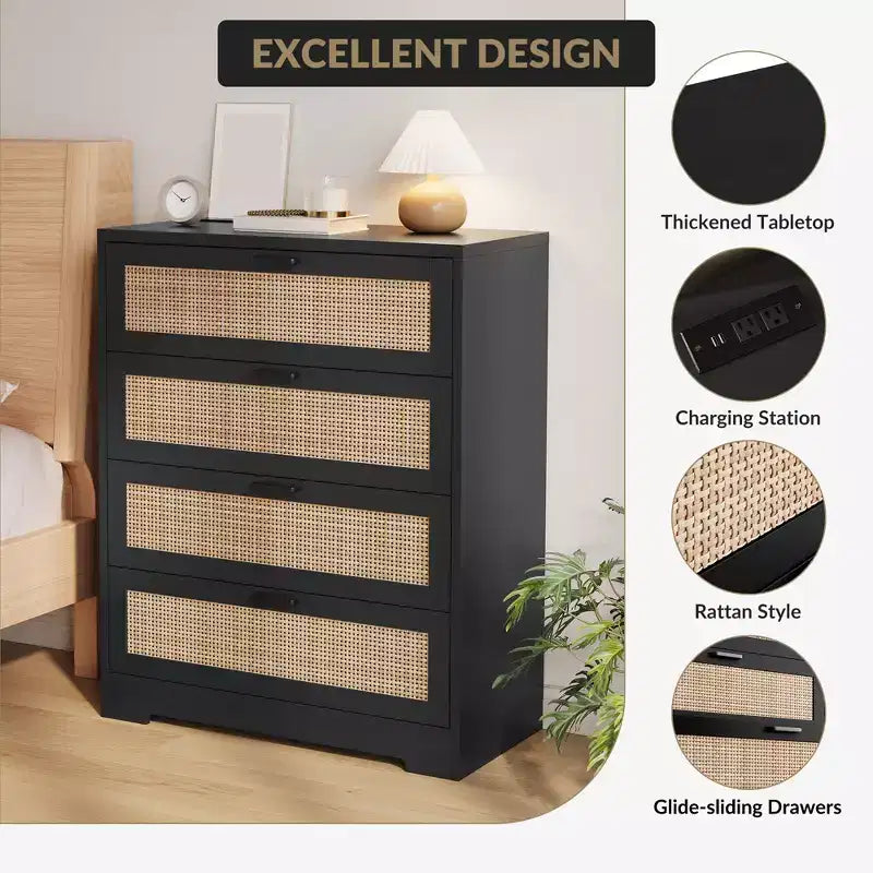 COZONY Cassettiera a 4 cassetti per camera da letto, Comò alto in rattan con prese di corrente, Organizzatore per cassetti moderno in legno con maniglie in metallo per soggiorno, armadio